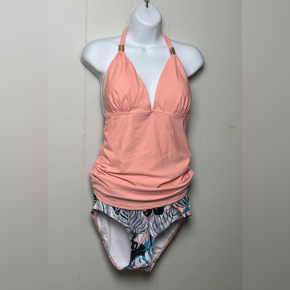 NWOT 2 Piece Coral Pink Halter Gold Ring Side Ties Floral Full Cover Bottom Sz M